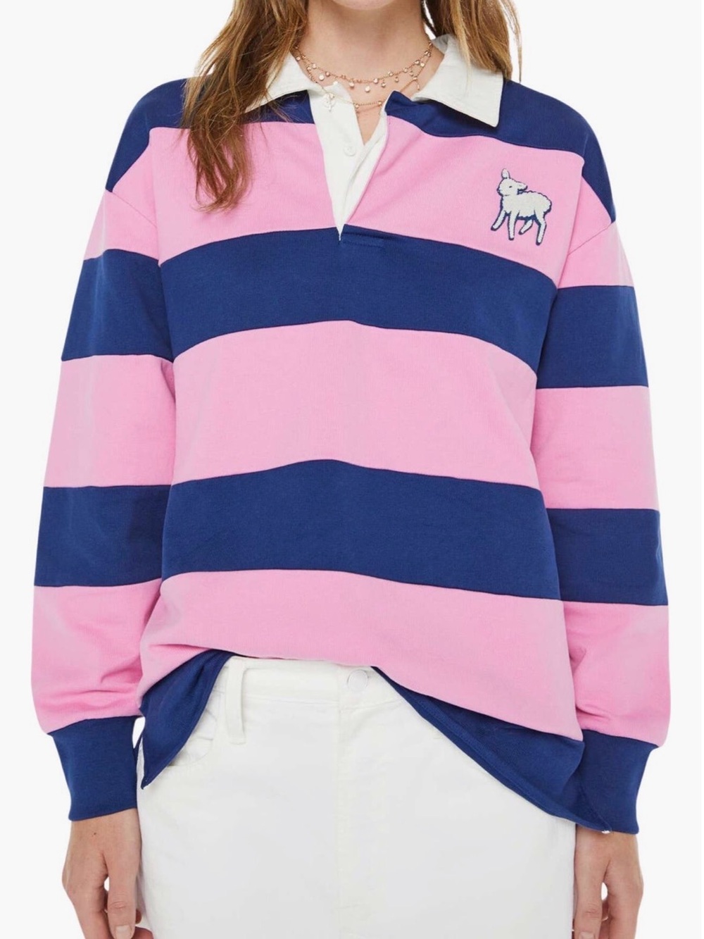MOTHER - Piece Huddle Cotton Polo Rugby Stripe Pullover - Pink & Navy